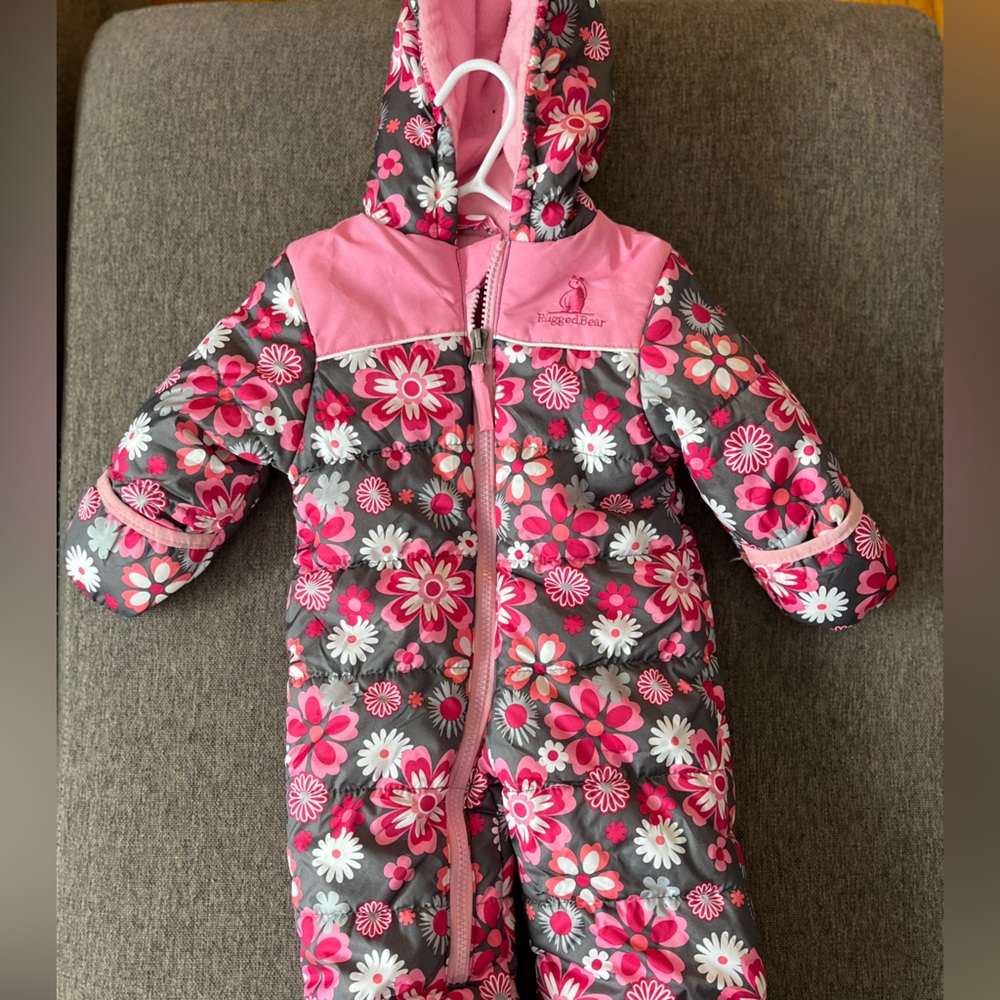 RuggedBear Pink and Gray Floral Baby Snowsuit Size 3/6 Month